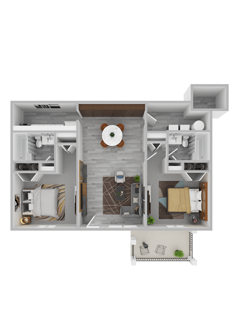 a stylized floor plan with a bedroom and living room